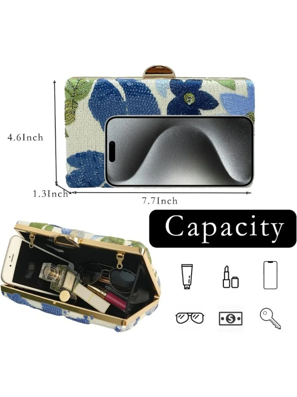 Floral Embroidered Beaded Sequin Clutch Purse for Evening, Wedding & Cocktail